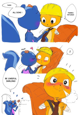 amputee anthro armor blue_body blue_fur disability duo eyes_closed female fur hard_hat headgear helmet kissing male romantic romantic_ambiance romantic_couple smile text toboki happy_tree_friends handy_(htf) petunia_(htf) beaver mammal mephitid rodent skunk absurd_res comic english_text hi_res