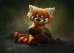 abstract_background ailah ailurid ambiguous_gender black_eyes claws feral fur grass green_background mammal paws plant red_body red_fur red_panda simple_background sitting solo