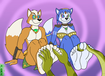 5_toes anthro blue_body blue_fur dominant dominant_anthro dominant_female feet female foot_fetish foot_focus fur humanoid_feet hypnosis hypnotic_eyes male mind_control plantigrade soles submissive submissive_anthro submissive_female submissive_male toes irkingir nintendo star_fox fox_mccloud krystal_(star_fox) tech_(irkingir) canid canine fox mammal hi_res