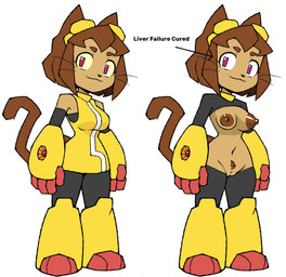 anthro areola big_areola biped black_clothing black_leggings black_legwear brown_body brown_hair brown_nipples casual_exposure clothing female female_anthro genitals hair huge_areola humor ineffective_clothing leggings legwear navel nipples pink_eyes pubes puffy_nipples simple_background solo standing style_emulation tail text topwear vulva whiskers white_background yellow_clothing yellow_sclera yellow_topwear anormaluser third-party_edit gameoverse glitch_productions kit_bodega domestic_cat felid feline felis mammal english_text hi_res model_sheet official_art