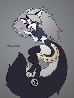 anthro big_diaper big_tail black_diaper bodily_fluids claws clothed clothing crop_top diaper drooling fangs female footprint full_diaper fur genital_fluids grey_body grey_fur grey_hair hair legwear long_hair lying on_side open_mouth pattern_diaper pawprint paws pillow pooping saliva shirt sleep_pooping sleeping smile soiled_diaper solo tail teeth text thigh_highs toeless_legwear toeless_stockings topwear torn_pillow unclean_diaper urine used_diaper wearing_diaper wet_diaper floofnfluff hellaverse helluva_boss mythology loona_(helluva_boss) canid canid_demon canine demon hellhound mammal mythological_canine mythological_creature absurd_res digital_media_(artwork) english_text hi_res signature