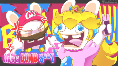 angry anthro blonde_hair blue_ear_piercing blue_eyes blue_pupils brown_facial_hair brown_mustache buckteeth cellphone clothed clothed_anthro clothed_female clothed_male clothing cross-popping_vein crown derp_eyes dialogue duo ear_piercing electronics empty_eyes facial_hair female female_anthro fur gem gesture hair hand_gesture headgear holding_cellphone holding_object holding_phone insult insulting_another light long_ears long_hair male male_anthro multicolored_body mustache narrowed_eyes noseless open_mouth open_smile phone piercing pink_clothing pink_shirt pink_tongue pink_topwear pointing pointing_at_another profanity pupils red_mouth ruby_(gem) sapphire_(gem) shirt smile squint tan_body tan_eyelids tan_inner_ear tan_skin teeth text tongue topwear two_tone_body white_body white_fur jooniethenight mario_bros mario_plus_rabbids_kingdom_battle nintendo raving_rabbids rayman_(series) the_super_mario_bros_movie ubisoft rabbid_mario rabbid_peach lagomorph mammal rabbid 16:9 2023 artist_name colored crossover digital_drawing_(artwork) digital_media_(artwork) english_description english_text lighting shaded widescreen