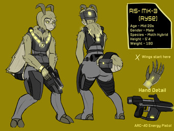anthro armor cybernetics fur glowing glowing_eyes glowing_markings gun machine male markings ranged_weapon solo text weapon yellow_body yellow_fur rysetheclone ryse alien alien_humanoid arthropod cyborg humanoid insect lepidopteran moth 4:3 english_text hi_res