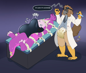 anthro black_diaper bodily_fluids clothed clothing coat cum cum_in_diaper diaper diaper_fetish duo erection erection_in_diaper eyewear eyewear_on_head feathers feet furniture genital_fluids goggles goggles_on_head inflatable lab_coat laboratory_equipment laboratory_glassware male pattern_diaper pool_toy scientific_instrument simple_background smile strapped_down straps table tail test_tube text topwear unclean_diaper urine used_diaper wearing_diaper wet_diaper maynara pirate_eagle zoran accipitrid accipitriform animate_inanimate avian bird dinosaur eagle living_inflatable philippine_eagle prehistoric_species reptile scalie absurd_res english_text hi_res