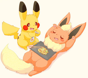 3_toes ambiguous_gender blush bodily_fluids chopsticks cooking cooking_with_body drooling duo feet feral fluffy food fur grill grilling japanese_food lying male noodles on_back open_mouth orange_body orange_fur pawpads paws ruff saliva simple_background tail tan_body tan_fur text toes tongue white_background yakisoba yellow_body yellow_fur unko_koedame nintendo pokemon eeveelution flareon generation_1_pokemon pikachu pokemon_(species) 2021 digital_media_(artwork) japanese_text translation_request