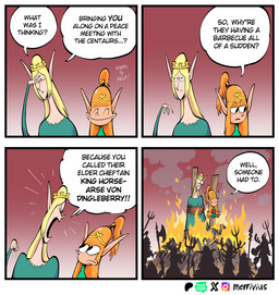 antlers axe battle_axe black_eyebrows black_eyes blonde_hair bound clothing crown dialogue dress eyebrows eyelashes eyes_closed facepalm female fire green_clothing green_dress group hair headgear horn humanoid_pointy_ears humor light_body light_skin long_hair melee_weapon orange_hair pitchfork pointy_ears pointy_nose polearm ponytail silhouette size_difference spear speech_bubble text tiara tools weapon yelling merrivius elf_comic european_mythology greek_mythology mythology elf_(merrivius) high_priestess_(merrivius) centaur elf equid equid_taur humanoid_taur mammal mammal_taur taur comic english_text hi_res