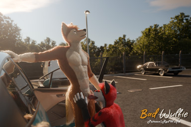 5_fingers animal_genitalia animal_penis anthro balls biped black_claws black_nose blue_eyes brown_body brown_fur canine_genitalia canine_penis car claws day detailed_background digitigrade duo fellatio fingers fluffy fur genitals gloves_(marking) grass hair kneeling knot knot_root license_plate male male/male male_anthro markings nude oral oral_penetration outside parking_lot pawpads paws penetration penile penis penis_in_mouth plant public public_sex realistic red_body red_fur sex sheath sky street_lamp sun tail tree vehicle whiskers white_body white_fur white_whiskers red_wulfie dodge_challenger mutt_(wagnermutt) red_(red_wulfie) canid canine canis domestic_dog mammal wolf 3:2 3d_(artwork) absurd_res blender_(artwork) blender_cycles_(artwork) digital_media_(artwork) hi_res watermark