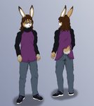 anthro brown_hair clothing cybernetics eyewear footwear glasses hair long_hair machine male shoes solo quantum_lapiz theo_nyx lagomorph leporid mammal rabbit cel_shading hi_res model_sheet shaded nonbinary_(lore)