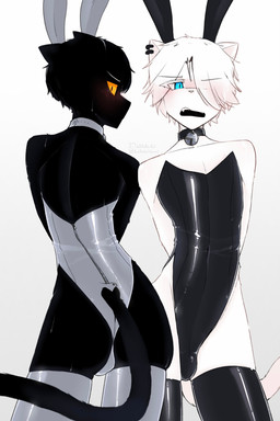 arms_in_front bell black_body black_collar black_hair blue_eyes blush bulge bulge_from_behind bunny_costume butt clothing collar costume duo ear_piercing fake_ears fake_rabbit_ears femboy hair hands_behind_back jingle_bell looking_at_viewer looking_back looking_back_at_viewer male male/male piercing rear_view tail white_body white_collar white_hair yellow_eyes dullanboi kiran_mann_(dullanboi) ming_yue_chen_(dullanboi) felid feline humanoid mammal hi_res