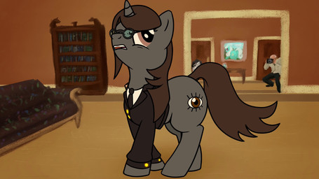 angry bottomless brown_eyes brown_hair butt butt_focus camera_flash clothed clothing cutie_mark dialogue dock_(anatomy) ears_back eye_roll eyewear female feral frown fur furniture glasses grey_body grey_fur group hair horn inside male painting_(object) photographer pivoted_ears shaking_butt sneer solo_focus suit_jacket tail taking_picture badday_(artist) friendship_is_magic hasbro my_little_pony mythology background_character fan_character shoeshine_(mlp) sonata_(turnabout_storm) equid equine horse mammal mythological_creature mythological_equine pony unicorn 16:9 2d_animation animated frame_by_frame hi_res short_playtime sound video widescreen