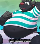 2024 anthro belly big_belly black_body bodily_fluids bovid bovine bulge cattle clothing english_text hi_res kemono leothelionel male mammal navel overweight overweight_male shirt simple_background solo sweat text the_human_heart_(game) topwear tyler_laurent underwear