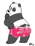 abstract_background anthro big_butt butt clothing looking_at_viewer looking_back male one_eye_closed simple_background smile solo text underwear wink genchi cartoon_network we_bare_bears panda_(we_bare_bears) bear giant_panda mammal