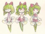 clothing dress female green_hair group hair narrow_hips not_furry red_eyes ribbons simple_background smile thin_calves thin_legs thin_thighs yassui nintendo pokemon generation_3_pokemon humanoid kirlia pokemon_(species)