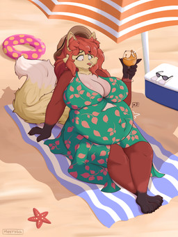 anthro beach belly belly_expansion big_breasts breast_squish breasts clothed clothing dress expansion female female_anthro fluffy fluffy_tail fur lying pregnancy_expansion pregnant pregnant_anthro pregnant_female red_body red_fur slightly_chubby slightly_chubby_female solo squish tail towel worried mestysa nintendo pokemon delphox generation_6_pokemon pokemon_(species) absurd_res hi_res