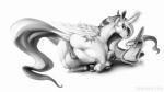 16:9 2013 alternate_version_at_source anus butt cutie_mark equid equine feathered_wings feathers female feral friendship_is_magic genitals hasbro hi_res hiroshi-tea horn looking_at_viewer looking_back loose_feather lying magic mammal monochrome my_little_pony mythological_creature mythological_equine mythology princess_celestia_(mlp) pussy quill scroll solo widescreen winged_unicorn wings