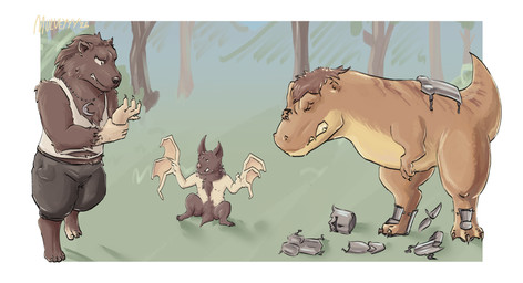 3_fingers 3_toes 4_fingers 4_toes angry anthro armor bottomwear brown_body brown_fur clothing discomfort feet female feral feral_transformation fingers forest forest_background fur fur_growth group group_transformation growth looking_at_hand looking_down male mid_transformation nature nature_background nude plant size_difference size_transformation species_transformation toes topwear torn_clothing transformation transformation_by_object transformation_by_substance tree trio mulveyyy mythology terraria bat canid canine dinosaur human mammal mythological_canine mythological_creature prehistoric_species reptile scalie werecanid werecanine werecreature werewolf hi_res