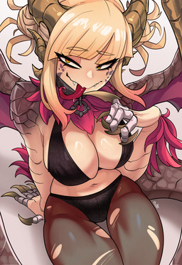bedroom_eyes big_breasts blonde_hair breasts claws clothed clothing eyebrow_through_hair eyebrows fangs female glistening glistening_breasts hair horn legwear long_tongue magenta_fur membrane_(anatomy) membranous_wings narrowed_eyes scales scuted_arms scutes seductive skimpy solo stockings tail teeth tongue torn_clothing torn_legwear torn_stockings translucent translucent_hair wings yellow_eyes pietheunusual my_hero_academia mythology animal_humanoid dragon dragon_humanoid humanoid mythological_creature mythological_scalie scalie absurd_res hi_res