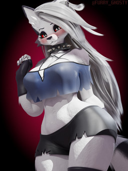 anthro big_breasts black_bottomwear black_clothing black_collar black_gloves black_handwear black_legwear black_shorts black_thigh_highs blush bottomwear breasts clothed clothed_anthro clothed_female clothing collar female fingerless_gloves gloves grey_clothing grey_hair grey_topwear hair handwear legwear long_hair red_sclera shorts solo spiked_collar spikes tail thigh_highs topwear white_eyes wide_hips furry_ghosty dogzeela_(modeler) hellaverse helluva_boss mythology loona_(helluva_boss) canid canid_demon canine demon hellhound mammal mythological_canine mythological_creature 2025 3:4 3d_(artwork) absurd_res digital_media_(artwork) hi_res