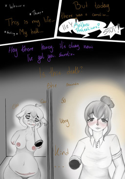 abuse amputee areola blood blush bodily_fluids clothed clothed_human clothing color_coded_text dialogue disability disembodied_hand duo ear_piercing eyelashes female female_human gore hair hair_bun happy_ending milk missing_all_arms missing_all_legs missing_all_limbs missing_arm missing_leg missing_limb nipples nude_anthro open_mouth piercing shirt slit_(wound) text topwear lemoncurds fluffy_pony fluffy_pony_(species) human mammal 2022 comic digital_media_(artwork) english_text hi_res