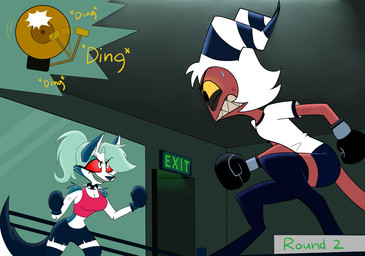 absolute_territory angry anthro bell big_breasts black_bottomwear black_clothing black_shorts blood blue_bottomwear blue_clothing blue_shorts bodily_fluids bottomwear boxing boxing_gloves breasts cleavage clenched_teeth clothed clothed_anthro clothed_female clothed_humanoid clothed_male clothing collar ding duo exit_sign female fight fighting_ring fur grey_hair hair handwear horn legwear low-angle_view male nosebleed pink_clothing pink_shirt pink_tank_top pink_topwear red_body red_sclera red_skin scuff_marks shirt shorts spiked_collar spikes sport striped_horn stripes sweat t-shirt tail tank_top teeth thigh_highs topwear white_body white_clothing white_eyes white_fur white_hair white_shirt white_t-shirt white_topwear yellow_sclera starpaintart hellaverse helluva_boss mythology loona_(helluva_boss) moxxie_(helluva_boss) canid canid_demon canine demon hellhound humanoid imp mammal mythological_canine mythological_creature 2024