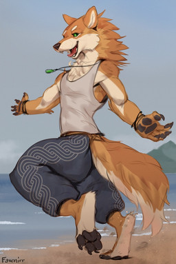 anthro barefoot beach bottomwear bracelet claws clothing digitigrade feet finger_claws fur green_eyes jewelry looking_at_viewer male neck_tuft necklace open_mouth open_smile outside pants pawpads paws pendant sand shirt smile solo tail tan_body tan_fur tank_top teeth toe_claws tongue topwear tuft water favenirr favenirr_(character) canid canine canis mammal wolf 2026 digital_media_(artwork) signature