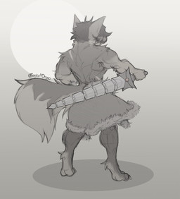 anthro claws male melee_weapon muscular pose rear_view scar solo sword toe_claws warrior weapon tonkotsu_spicy_noodle canid canine canis domestic_dog german_shepherd herding_dog mammal pastoral_dog hi_res