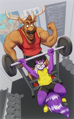 anthro antlers armpit_hair barbell beard bench_press biceps bodily_fluids body_hair bottomwear brown_hair bulge clothing dumbbell duo ear_piercing ear_ring exercise facial_hair flexing footwear fur hair horn imminent_sex larger_male lying male muscular muscular_male nipple_outline on_back piercing poster purple_body purple_fur ring_piercing shirt shoes shorts size_difference smaller_male smile sweat tank_top topwear weight_bench weightlifting weights workout howz lance_(howz) deer mammal 2020 5:8 hi_res
