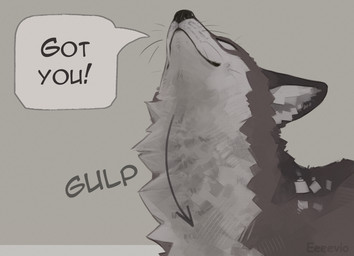 ambiguous_feral ambiguous_gender duo feral fur markings predator/prey simple_background size_difference size_play smile speech_bubble text vore whisker_spots whiskers eeeevio mythology ody_(eeeevio) rauron canid canine hybrid mammal mythological_creature rodent sciurid tree_squirrel digital_drawing_(artwork) digital_media_(artwork) english_text hi_res portrait shaded male_(lore)