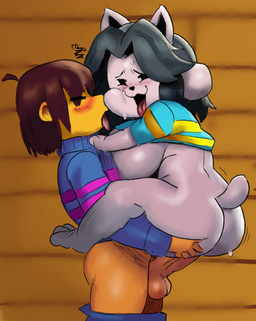 anthro big_breasts big_butt big_penis blush bodily_fluids bottomwear bottomwear_around_legs breasts breath butt clothing clothing_around_legs duo feet female genitals huge_breasts human_on_anthro interspecies male panting pants pants_around_legs paws penis sex shortstack size_difference smaller_female stand_and_carry_position standing standing_sex sweat sweater tem_shop topwear vaginal teztaz undertale undertale_(series) frisk_(undertale) temmie_(undertale) canid felid human mammal tem absurd_res hi_res