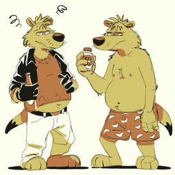 alcohol anthro beer beer_bottle belly beverage bottle bottomwear clothed clothing container drunk fur gloves handwear holding_bottle holding_container holding_object jacket male narrowed_eyes navel nipples open_clothing open_jacket open_topwear overweight overweight_anthro overweight_male pants sleeping_pills solo squint substance_intoxication sweater topless topless_male topwear yellow_body yellow_fur ty_pesh ty_the_tasmanian_tiger_(series) wozza_(ty_the_tasmanian_tiger) dasyuromorph mammal marsupial recently_extinct_species thylacine 1:1 2025 digital_drawing_(artwork) digital_media_(artwork) english_description