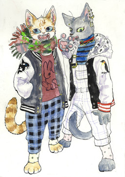 4_toes ambiguous_gender anthro barefoot bell biped blue_clothing blue_eyes bottomwear checkered checkered_clothing claws clothed clothing collar duo ear_piercing ear_ring feet fingers footwear fully_clothed fur furgonomics green_eyes grey_body grey_fur hand_in_pocket inner_ear_fluff jacket open_mouth pants pattern_bottomwear pattern_clothing pattern_pants pattern_topwear pawpads paws piercing pink_pawpads plaid plaid_clothing pockets red_clothing ring_piercing scarf shirt simple_background standing stripes sweater tail teeth toes tongue topwear tuft whiskers white_background white_clothing white_jacket white_topwear kyokyota domestic_cat felid feline felis mammal 2017 absurd_res hi_res portrait traditional_media_(artwork)