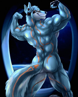 anthro back_muscles biceps big_muscles blue_body blue_fur bubble_butt butt closed_smile clothing eyewear flexing fur headgear headwear inside male mostly_nude mouth_closed muscular muscular_anthro muscular_male nude nude_anthro nude_male one_glove rear_view smile solo standing tail triceps bleakcat randolph_(xuan_sirius) canid canine canis mammal wolf 2016 colored digital_drawing_(artwork) digital_media_(artwork) portrait shaded