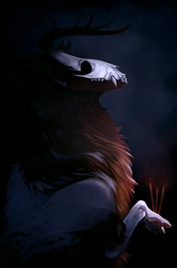 ambiguous_gender antlers back_tuft bone brown_body brown_fur empty_eyes fangs feral fur grey_body grey_fur horn mouth_closed neck_tuft simple_background skull skull_head solo teeth tuft unsigned riorix hi_res