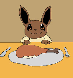 3_toes :3 ambiguous_gender black_nose bone brown_background brown_eyes cat_smile closed_smile cutlery feet feral food fork fur furniture head_tuft holidays kitchen_utensils knife mouth_closed neck_tuft paws plate simple_background smile solo table tan_body tan_fur toes tools tuft turkey_leg richard_roe nintendo pokemon thanksgiving eevee generation_1_pokemon pokemon_(species) 2024 icon low_res