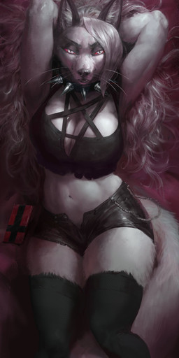 4_toes anthro biped bird's-eye_view black_clothing black_nose bottomwear claws clothing collar crop_top daisy_dukes denim denim_bottomwear denim_clothing denim_shorts detailed_fur digitigrade ear_piercing ear_ring feet female fur hair high-angle_view hotpants legwear lips long_hair looking_at_viewer lying midriff navel on_back pawpads paws piercing red_sclera ring_piercing shirt shorts solo spiked_collar spikes stockings toe_claws toes topwear white_eyes spectrumshift hellaverse helluva_boss mythology loona_(helluva_boss) canid canid_demon canine demon hellhound mammal mythological_canine mythological_creature 2022 absurd_res detailed full-length_portrait hi_res portrait