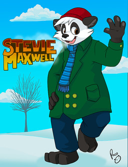 anthro black_body black_fur black_nose blue_bottomwear blue_clothing blue_pants blue_scarf blue_sky bottomwear clothed clothing cloud coat front_view fur glistening glistening_eyes green_clothing green_coat green_topwear hand_on_hip logo looking_at_viewer male male_anthro open_mouth open_smile pants pattern_clothing pattern_scarf plant scarf sky smile solo standing striped_clothing striped_scarf stripes topwear tree white_body white_fur pandapaco bear giant_panda mammal artist_logo full-length_portrait portrait signature