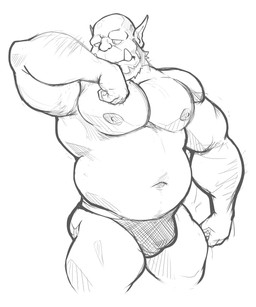 beard biceps bulge clothed clothing facial_hair male muscular muscular_humanoid muscular_male navel nipples not_furry pecs simple_background slightly_chubby solo thong topless underwear white_background maldu humanoid orc 5:6 absurd_res hi_res monochrome portrait sketch three-quarter_portrait