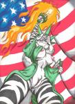 2009 2019 american_flag anthro areola blue_eyes boxice breasts canton clitoris clothed clothing colored dual_holding erect_nipples eric_schwartz felid female fire flag flag_background fur genitals hair hi_res holding_media_case holding_object holding_torch hybrid looking_at_viewer low-angle_view mammal media_case mephitid mostly_nude navel nipples one_breast_out open_clothing open_robe pantherine portrait pussy robe skunk solo statue_of_liberty striped_body striped_fur stripes three-quarter_portrait tiger torch white_hair zig_zag
