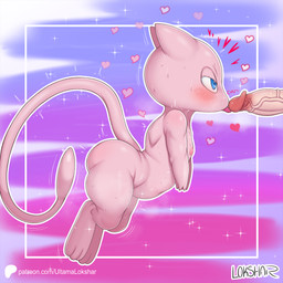 3_fingers 3_toes abstract_background anthro belly blue_eyes blush blush_lines bodily_fluids border disembodied_penis duo feet female fingers flat_chested flying fur genitals half-closed_eyes heart_symbol licking long_tail looking_at_another male male/female male_human narrowed_eyes navel nipples oral patreon_logo patreon_username penile penis penis_lick pink_body pink_fur sex shaking short_arms shortstack side_view sparkles steam sweat sweatdrop tail text thick_thighs toes tongue tongue_out tremble_spikes trembling ultama_lokshar nintendo patreon pokemon generation_1_pokemon human legendary_pokemon mammal mew_(pokemon) pokemon_(species) 1:1 alternate_version_at_paywall better_version_at_paywall hi_res signature url