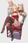 asian_clothing blonde_hair blue_eyes breasts chair chinese_clothing chinese_dress clothing dress east_asian_clothing female footwear fur furniture group hair high_heels holding_object legwear one_eye_closed shoes sitting smile thigh_highs white_body white_fur wink vicccccc123 arknights hypergryph studio_montagne blemishine_(arknights) nearl_(arknights) whislash_(arknights) animal_humanoid equid equid_humanoid humanoid mammal mammal_humanoid 2021 absurd_res hi_res