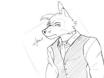 anthro clothed clothing eye_contact looking_at_another looking_at_viewer male sad simple_background solo tired_eyes uniform althaea beastars legoshi_(beastars) canid canine canis canis_lupus mammal wolf hi_res