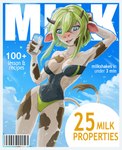 2024 2_horns anthro barcode bikini black_clothing black_horn black_swimwear blue_eyes bovid bovine breasts brown_body brown_fur brown_tail cattle clothing cloud cover day digital_media_(artwork) english_text female fictional_magazine_cover front_view fur glass glass_of_milk gogogrey green_clothing green_hair green_swimwear hair hand_on_head hand_on_own_head hi_res holding_glass holding_object horn magazine_cover mammal multicolored_body multicolored_clothing multicolored_fur multicolored_swimwear one-piece_swimsuit pink_nose plus_sign pose sky smile solo standing swimwear tail teeth text thick_thighs tongue two-piece_swimsuit two_tone_body two_tone_clothing two_tone_fur two_tone_swimwear two_tone_tail white_body white_ears white_fur white_tail