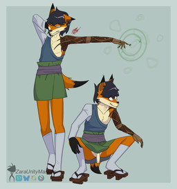 anthro belt black_body black_fur black_hair blue_clothing blue_robe blue_topwear bodily_fluids bottomwear clothed clothing countershading crouching exposed_chest flaccid footwear frown fur genitals green_bottomwear green_clothing green_magic green_skirt hair hand_behind_head hands_on_knees hands_on_legs magic magic_user male no_pupils no_underwear one_sleeve_top orange_body orange_fur partially_exposed penis prosthetic prosthetic_arm prosthetic_hand prosthetic_limb purple_belt robe short_hair simple_background skirt smile smirk socks solo standing stretching tan_body tan_countershading tan_fur teal_background tears tired tired_eyes topwear white_clothing white_footwear white_socks wooden_sandals zaraunitymasters rokus_(zaraunitymasters) canid canine fox mammal hi_res watermark