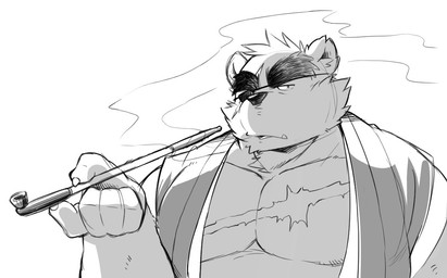 anthro clothing eye_patch eyewear humanoid_hands kemono male overweight overweight_anthro overweight_male robe simple_background smoking solo white_background kinoshita-jiroh the_spicy_ninja_scrolls gouki_(the_spicy_ninja_scrolls) bear mammal 2015 monochrome