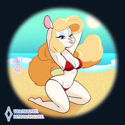 anthro beach big_breasts bikini biped blue_eyeshadow breasts clothed clothed_anthro clothed_female clothing eyebrow_through_hair eyebrows eyelashes eyeshadow female hair lipstick long_hair long_tail looking_at_viewer makeup navel one_eye_closed patreon_username pink_nose plantar_flexion solo sun swimwear tail thick_thighs toony translucent translucent_hair two-piece_swimsuit wide_hips wink winking_at_viewer akaunkel animaniacs warner_brothers minerva_mink mammal mink mustelid musteline true_musteline 1:1 2025 absurd_res digital_drawing_(artwork) digital_media_(artwork) hi_res