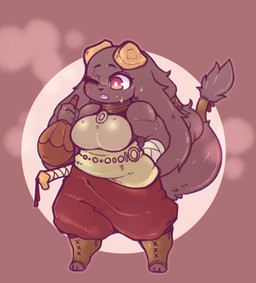 2_horns 3_toes 4_fingers accessory anthro arm_wraps big_breasts big_eyes big_muscles black_nose blush bodily_fluids bottomwear breasts broken_horn brown_clothing brown_footwear clothed clothing digitigrade exhausted eye_scar eyebrows eyelashes facial_scar feet female fingers floppy_ears footwear front_view fully_clothed fur furgonomics geometric_background grey_body grey_fur grey_hair hair hand_in_pocket holding_object horn lop_ears muscular muscular_anthro muscular_female one_eye_closed open_mouth pink_tongue pockets ponytail pupils red_bottomwear red_clothing red_eyes scar sheathed_sword short simple_background snaggle_tooth solo standing steam sweat tail tail_accessory tailband tan_clothing tan_topwear three-quarter_view toes tongue topwear warrior white_pupils wide_stance wraps yellow_horn moogers furred_kobold furred_scalie kobold scalie 2024 digital_media_(artwork) full-length_portrait hi_res portrait shaded soft_shading