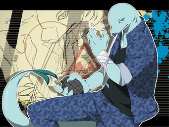 anthro bandage blue_eyes explosives grenade looking_at_viewer male solo tail weapon matsuda_mattsun utau laru_mine aquatic fish shark 4:3