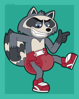 abdl anthro blue_eyes clothed clothing cocky countershading diaper facial_markings finger_gun footwear fur gesture gloves_(marking) grey_body grey_fur grin hand_gesture head_markings male markings mask_(marking) red_clothing red_diaper red_footwear red_shoes ring_(marking) ringed_tail shoes simple_background smile solo striped_markings striped_tail stripes tail tail_markings teal_background text wearing_diaper kevyntherhino mating_season_(series) ray_(mating_season) mammal procyonid raccoon 2026 4:5 artist_name colored dated digital_drawing_(artwork) digital_media_(artwork) hi_res