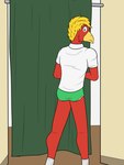 3:4 anthro avian bird briefs clothed clothing curtains fitting_room footwear fuze hi_res male pantsless shirt socks solo topwear tyler_(fuze) underwear