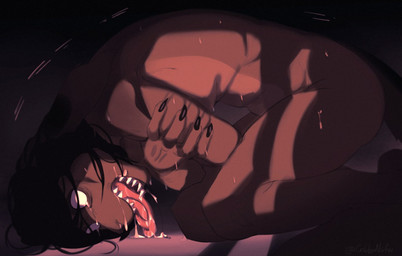 anthro black_claws black_hair bodily_fluids brown_body brown_ears brown_fur claws drooling empty_eyes finger_claws fur hair male male_anthro open_mouth red_tongue saliva sharp_teeth side_view simple_background solo tears teeth tongue tongue_out cobu cobby_(cobe_xiu-xiu) lagomorph leporid mammal rabbit hi_res